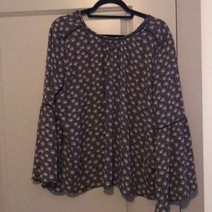 Peacock feather design blouse with bell sleeves